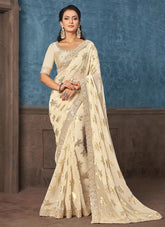 Cream Foil Printed Indian Designer Saree